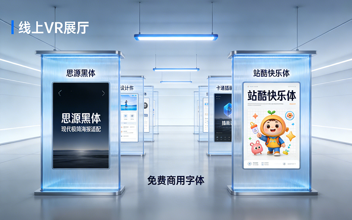 在线上VR展厅设计中，有多种免费商用字体可用